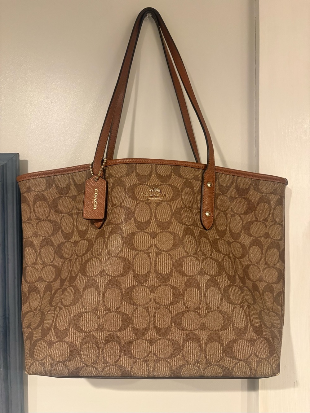 COACH City Tote Bag Signature Canvas Khaki Saddle Brown Shoulder Purse 5696